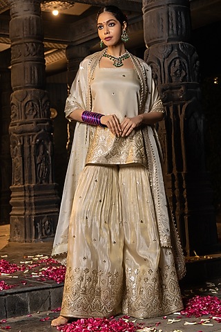 Gold Banarasi Silk Tissue Blend Gota Work Sharara Set For Girls by Mei & Zu