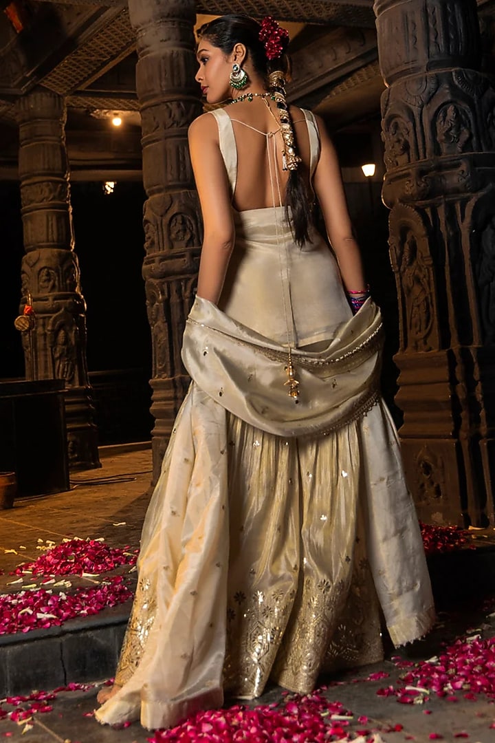 Gold Banarasi Silk Tissue Blend Gota Work Sharara Set For Girls by Mei & Zu at Pernia's Pop Up Shop