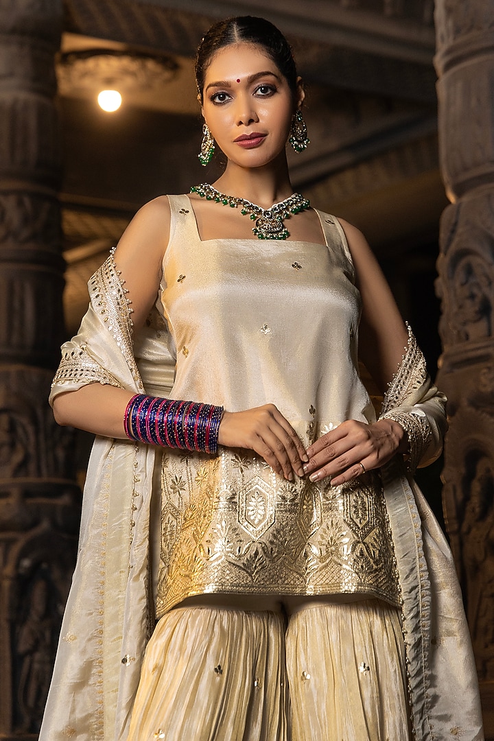 Gold Banarasi Silk Tissue Blend Gota Work Sharara Set For Girls by Mei & Zu at Pernia's Pop Up Shop