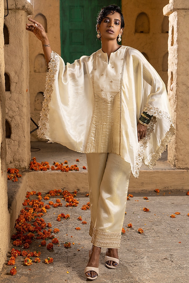 Gold Banarasi Silk Tissue Blend Kasab Embroidered Co-Ord Set For Girls by Mei & Zu at Pernia's Pop Up Shop