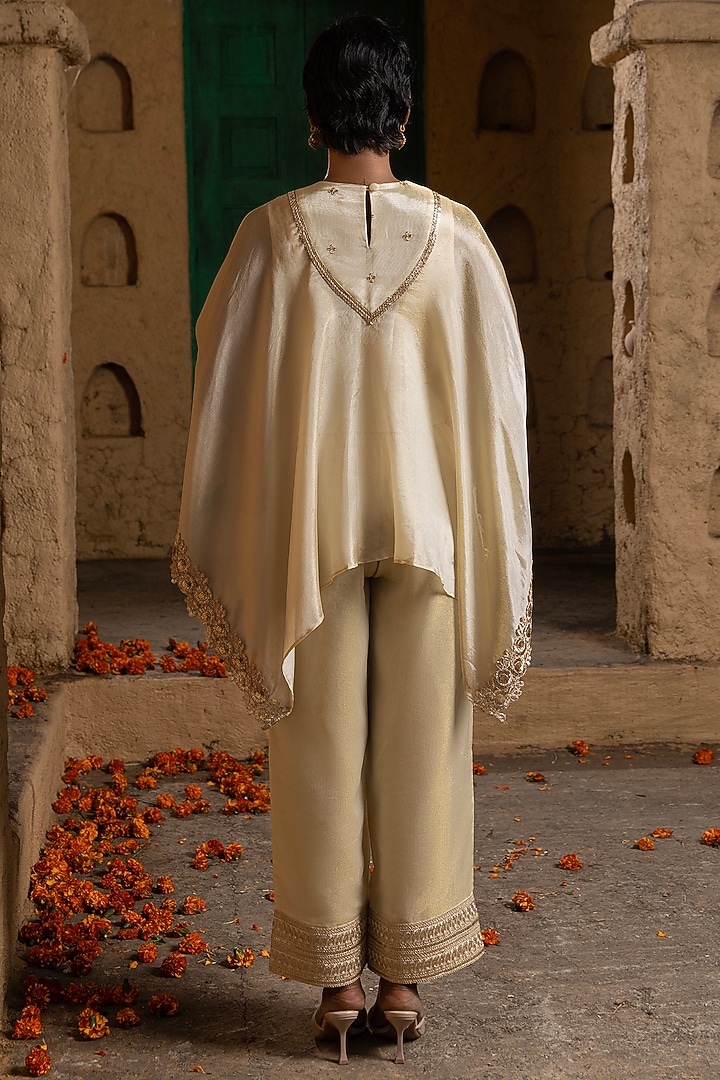 Gold Banarasi Silk Tissue Blend Kasab Embroidered Co-Ord Set For Girls by Mei & Zu at Pernia's Pop Up Shop