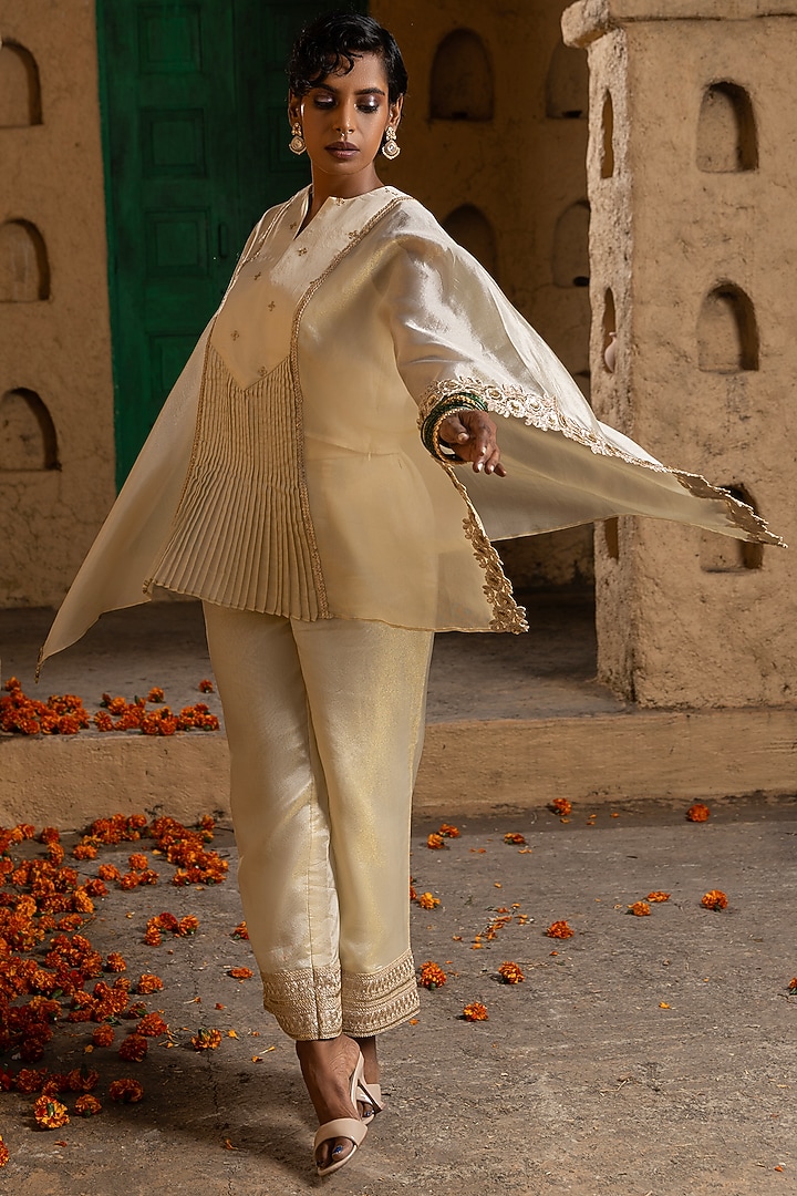 Gold Banarasi Silk Tissue Blend Kasab Embroidered Co-Ord Set For Girls by Mei & Zu at Pernia's Pop Up Shop