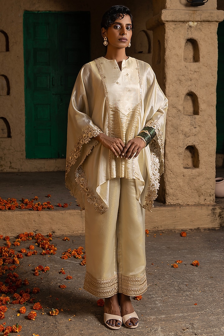 Gold Banarasi Silk Tissue Blend Kasab Embroidered Co-Ord Set For Girls by Mei & Zu at Pernia's Pop Up Shop
