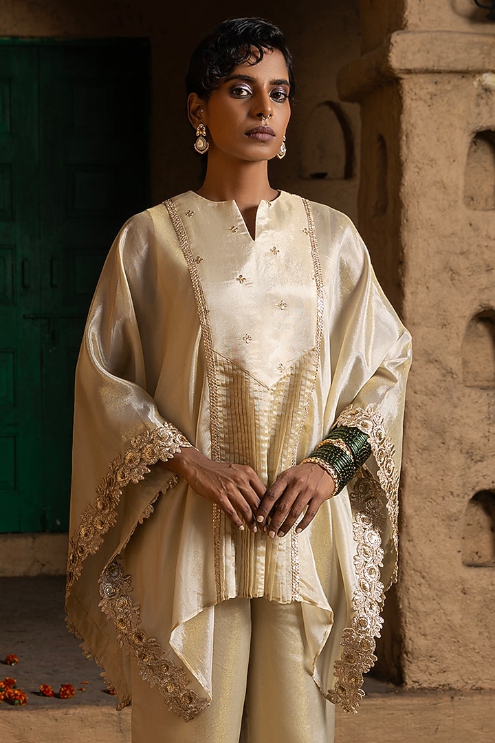 Gold Banarasi Silk Tissue Blend Kasab Embroidered Co-Ord Set For Girls by Mei & Zu at Pernia's Pop Up Shop
