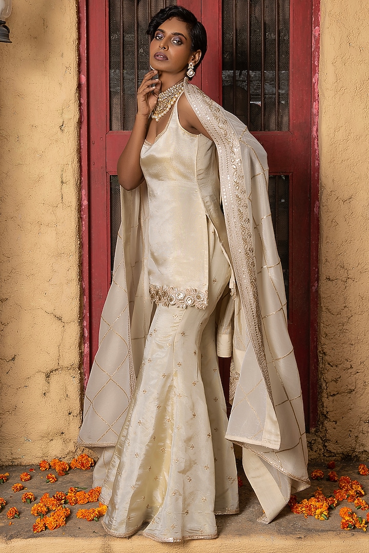 Gold Banarasi Silk Tissue Blend Sharara Set For Girls by Mei & Zu at Pernia's Pop Up Shop