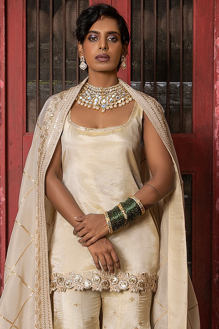 Gold Banarasi Silk Tissue Blend Sharara Set For Girls by Mei & Zu at Pernia's Pop Up Shop