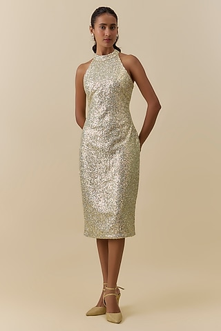 Shimmery White Embellished Halter Dress For Girls by Mei & Zu