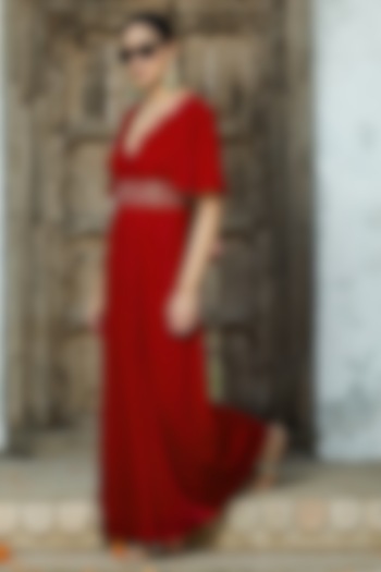 Red Velvet Jumpsuit With Belt For Girls by Mei & Zu at Pernia's Pop Up Shop