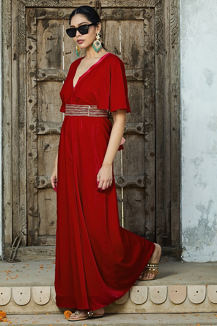 Red Velvet Jumpsuit With Belt For Girls by Mei & Zu at Pernia's Pop Up Shop