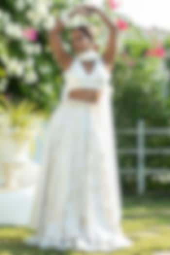 Ivory Brocade Pearl Lehenga Set For Girls by Mei & Zu at Pernia's Pop Up Shop