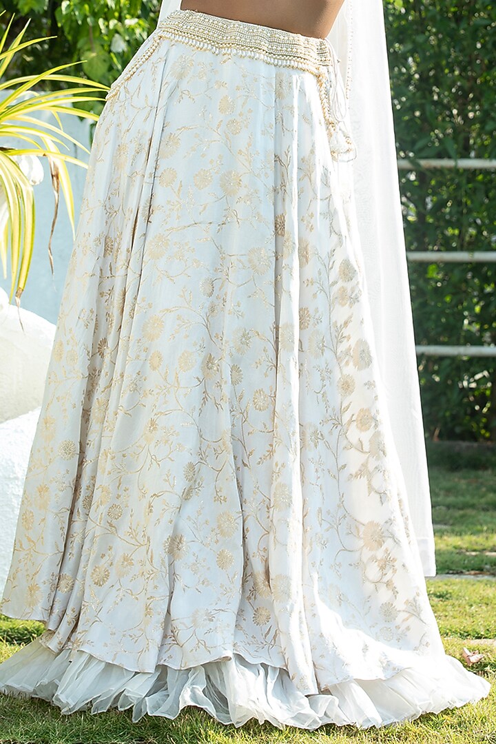 Ivory Brocade Pearl Lehenga Set For Girls by Mei & Zu at Pernia's Pop Up Shop