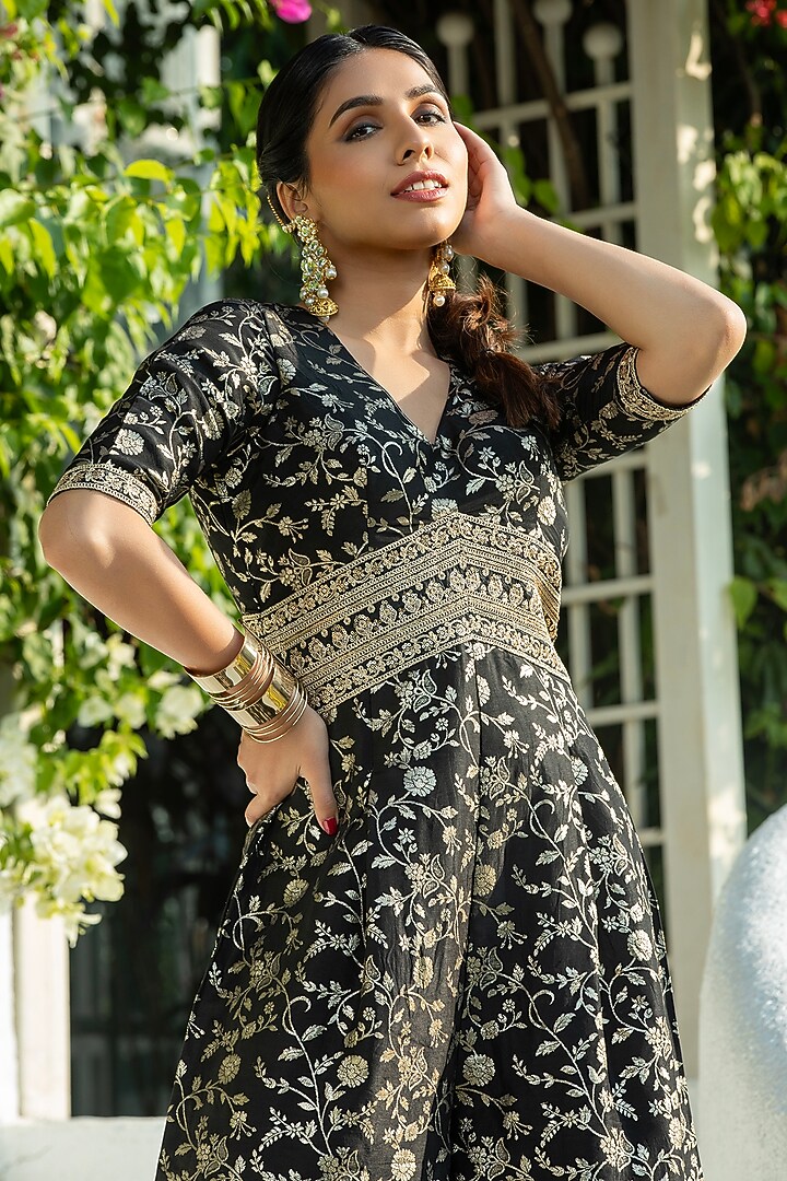 Black & Gold Cotton Silk Brocade Jumpsuit For Girls by Mei & Zu at Pernia's Pop Up Shop