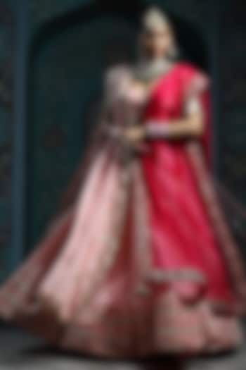 Salmon Pink Silk Brocade Gota Embroidered Lehenga Set For Girls by Mei & Zu at Pernia's Pop Up Shop