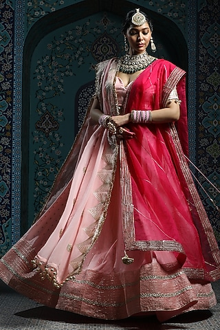 Salmon Pink Silk Brocade Gota Embroidered Lehenga Set For Girls by Mei & Zu