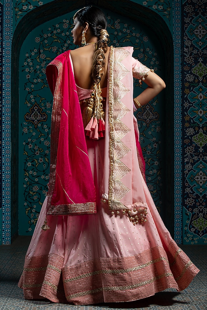 Salmon Pink Silk Brocade Gota Embroidered Lehenga Set For Girls by Mei & Zu at Pernia's Pop Up Shop