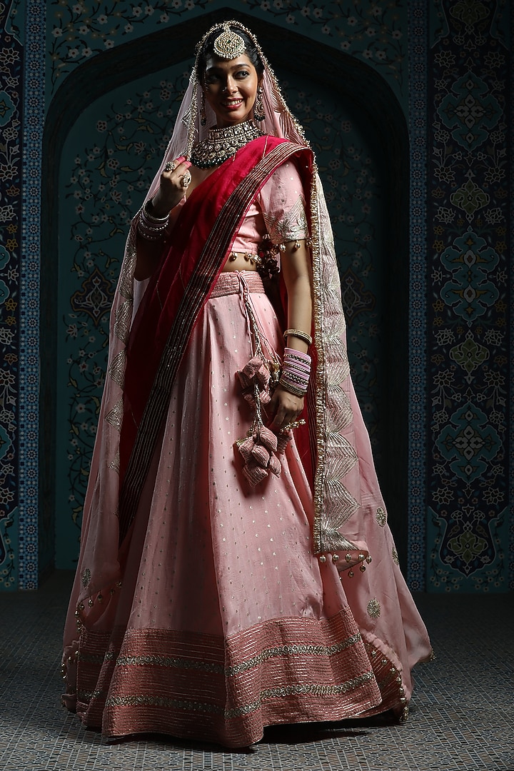 Salmon Pink Silk Brocade Gota Embroidered Lehenga Set For Girls by Mei & Zu at Pernia's Pop Up Shop