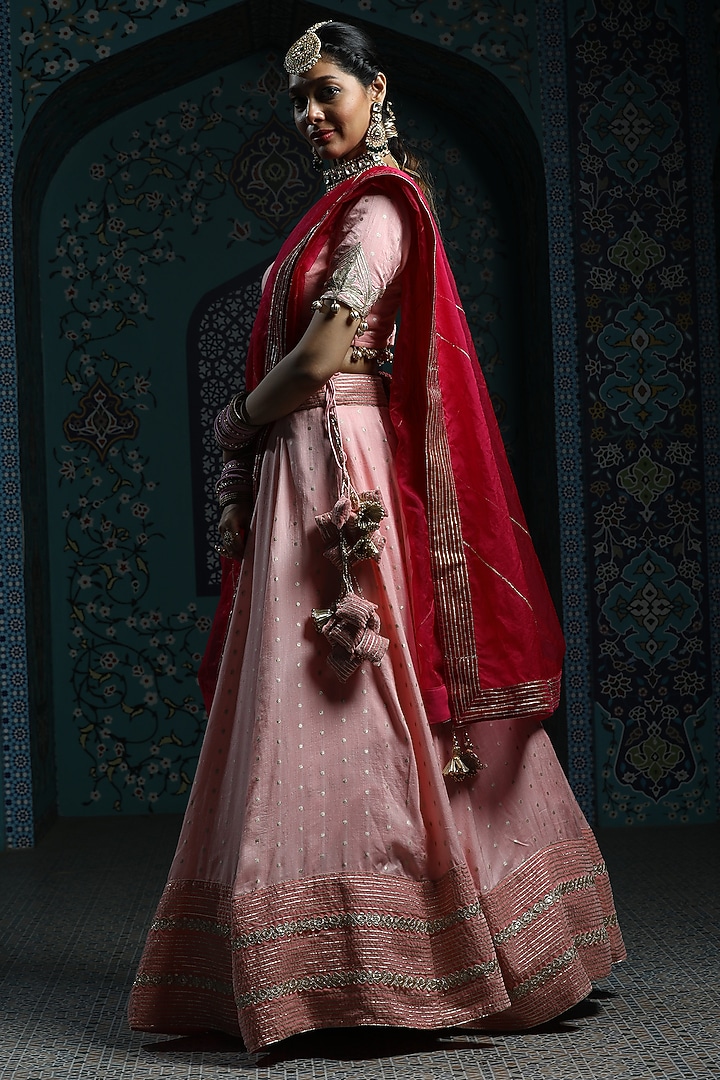 Salmon Pink Silk Brocade Gota Embroidered Lehenga Set For Girls by Mei & Zu at Pernia's Pop Up Shop
