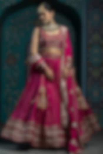 Fuchsia Pink Silk Brocade Gota Embroidered Lehenga Set For Girls by Mei & Zu at Pernia's Pop Up Shop