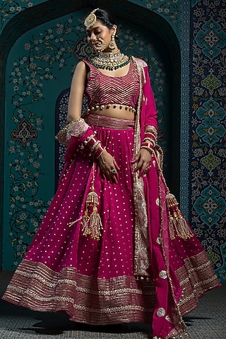 Fuchsia Pink Silk Brocade Gota Embroidered Lehenga Set For Girls by Mei & Zu