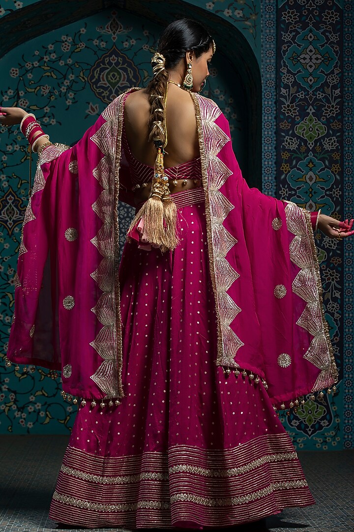 Fuchsia Pink Silk Brocade Gota Embroidered Lehenga Set For Girls by Mei & Zu at Pernia's Pop Up Shop