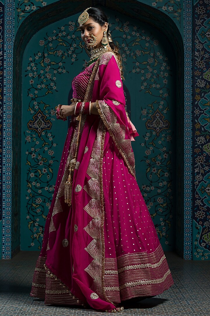 Fuchsia Pink Silk Brocade Gota Embroidered Lehenga Set For Girls by Mei & Zu at Pernia's Pop Up Shop