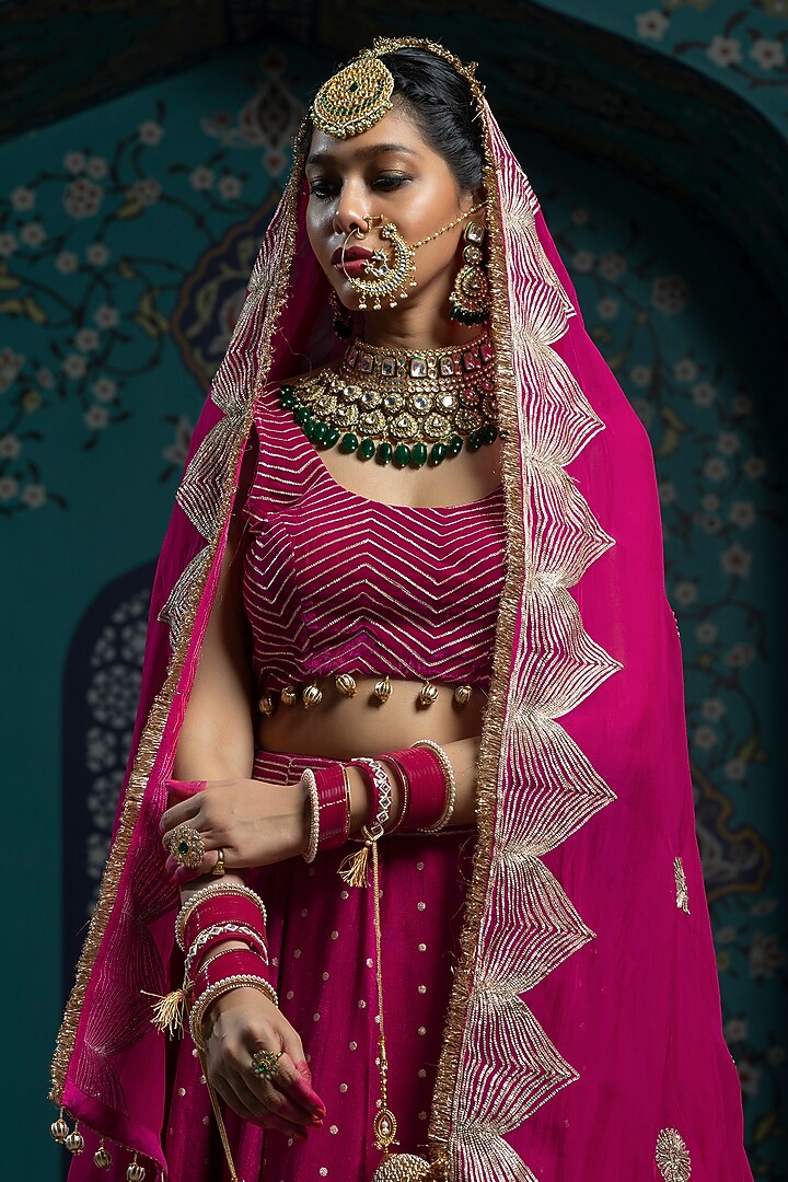 Fuchsia Pink Silk Brocade Gota Embroidered Lehenga Set For Girls by Mei & Zu at Pernia's Pop Up Shop