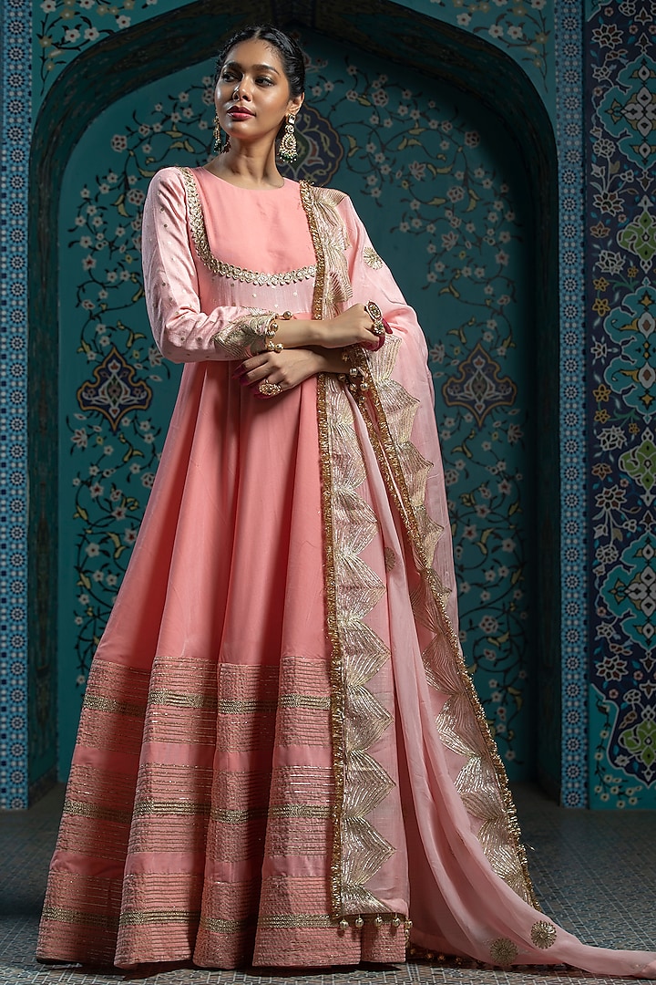 Salmon Pink Silk Brocade Gota Embroidered Anarkali Set For Girls by Mei & Zu at Pernia's Pop Up Shop