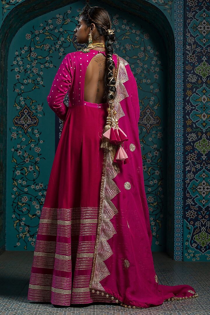 Fuchsia Pink Silk Brocade Gota Embroidered Anarkali Set For Girls by Mei & Zu at Pernia's Pop Up Shop