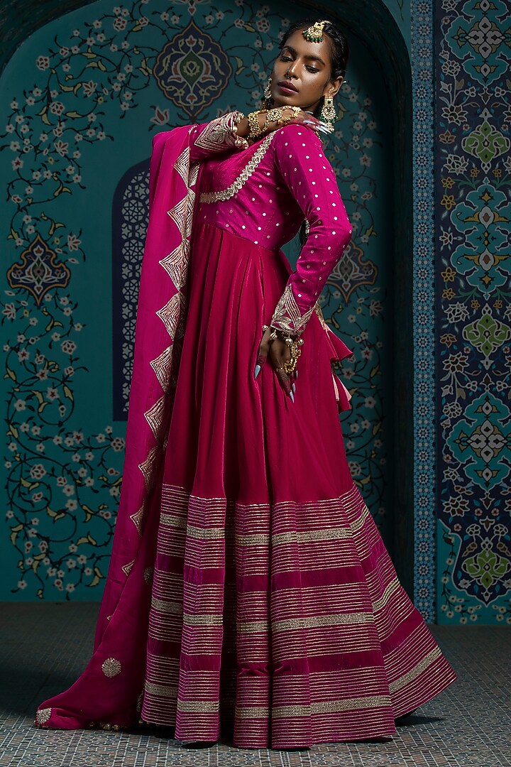 Fuchsia Pink Silk Brocade Gota Embroidered Anarkali Set For Girls by Mei & Zu at Pernia's Pop Up Shop