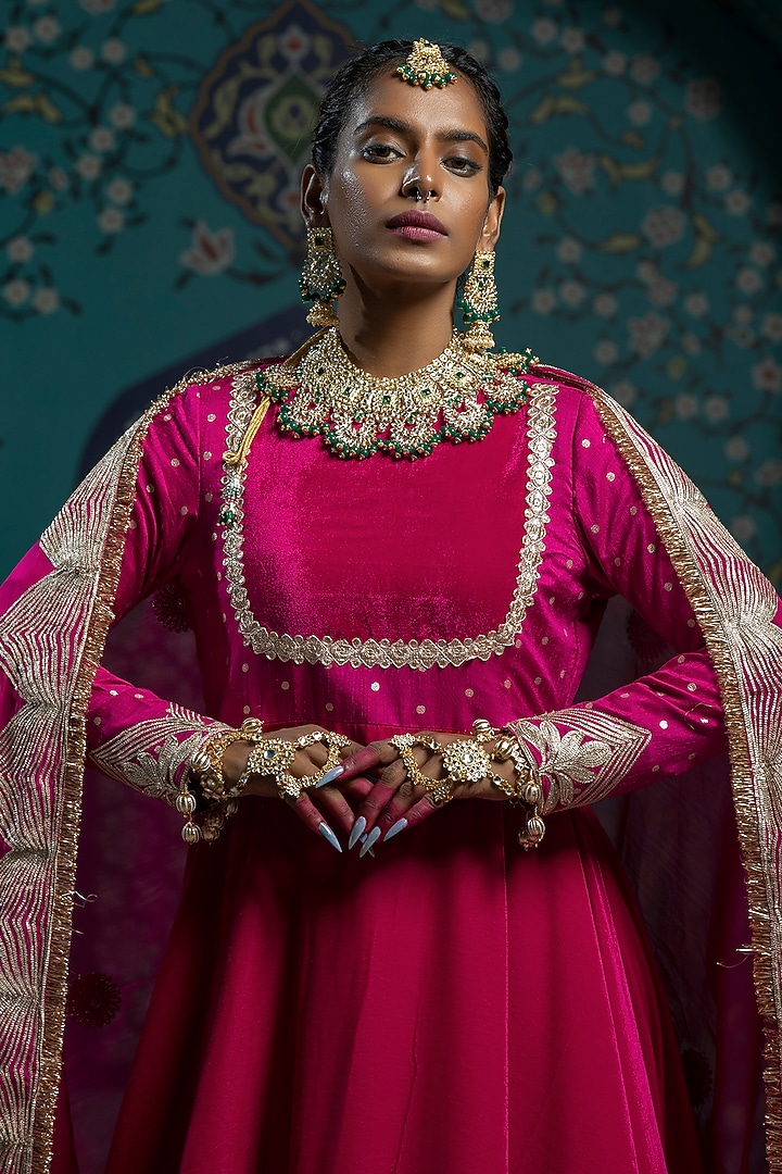 Fuchsia Pink Silk Brocade Gota Embroidered Anarkali Set For Girls by Mei & Zu at Pernia's Pop Up Shop