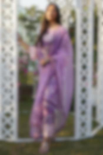 Lilac Linen Floral Printed Kurta Set For Girls by Mei & Zu at Pernia's Pop Up Shop