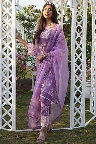 Lilac Linen Floral Printed Kurta Set For Girls by Mei & Zu