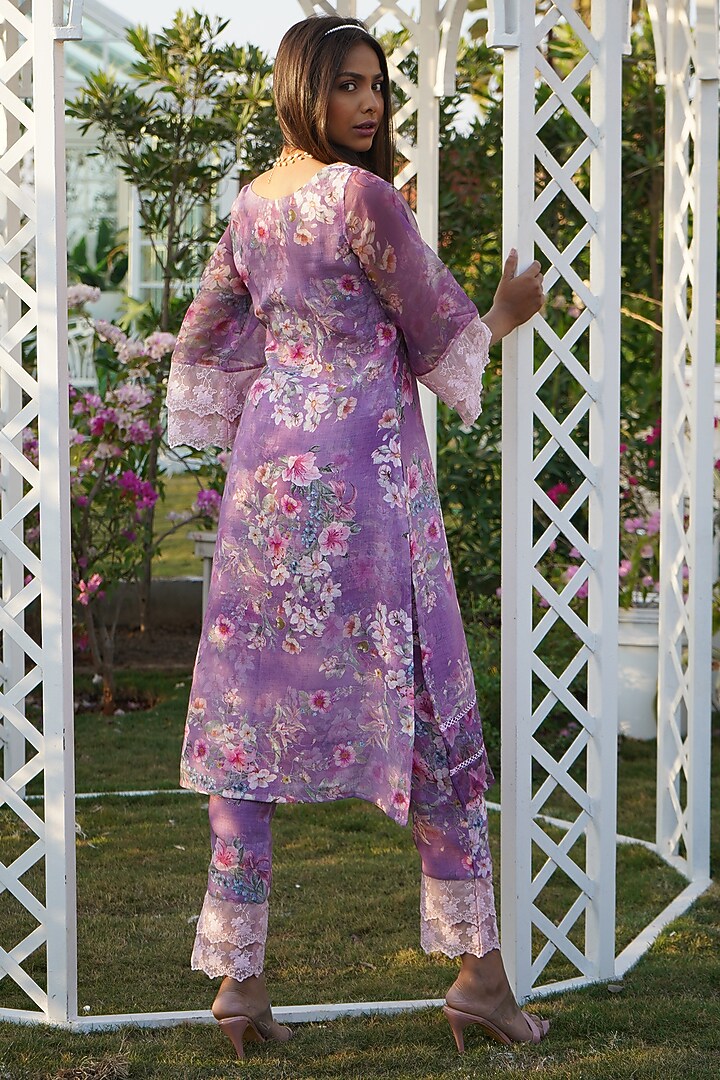 Lilac Linen Floral Printed Kurta Set For Girls by Mei & Zu at Pernia's Pop Up Shop