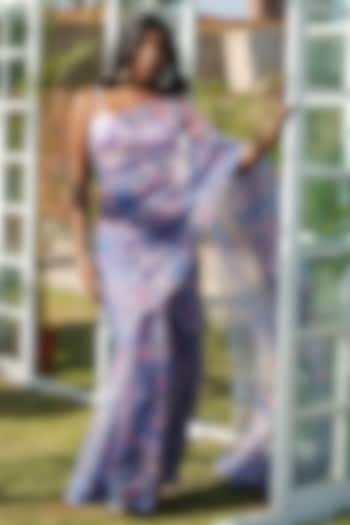 Blue Organza Floral Printed Pre-Stitched Saree Set For Girls by Mei & Zu at Pernia's Pop Up Shop