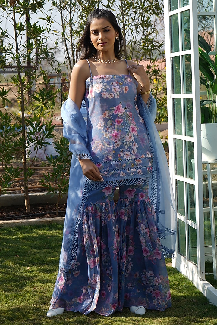 Blue Linen Floral Printed Sharara Set For Girls by Mei & Zu at Pernia's Pop Up Shop