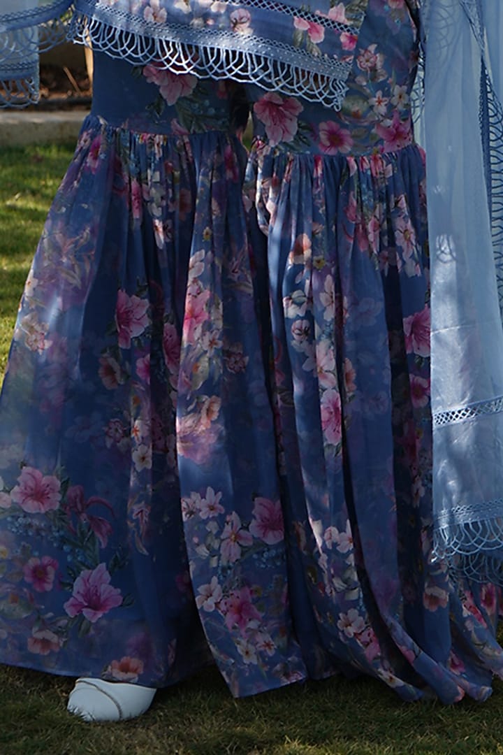 Blue Linen Floral Printed Sharara Set For Girls by Mei & Zu at Pernia's Pop Up Shop