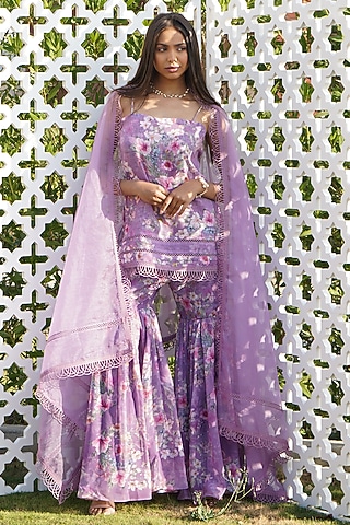 Lilac Linen & Organza Floral Printed Sharara Set For Girls by Mei & Zu