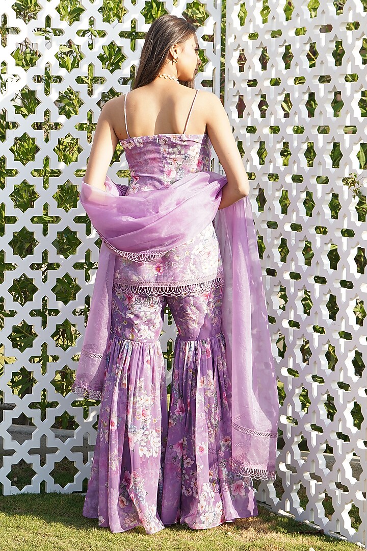 Lilac Linen & Organza Floral Printed Sharara Set For Girls by Mei & Zu at Pernia's Pop Up Shop