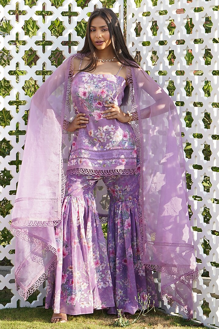 Lilac Linen & Organza Floral Printed Sharara Set For Girls by Mei & Zu at Pernia's Pop Up Shop