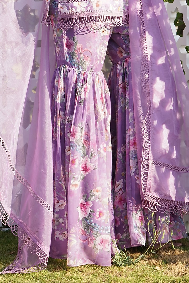 Lilac Linen & Organza Floral Printed Sharara Set For Girls by Mei & Zu at Pernia's Pop Up Shop
