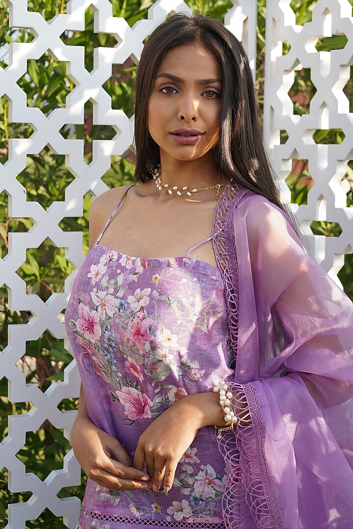 Lilac Linen & Organza Floral Printed Sharara Set For Girls by Mei & Zu at Pernia's Pop Up Shop