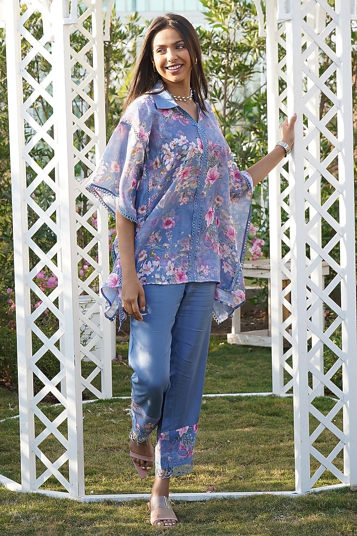 Blue Linen Floral Printed Kaftan Set For Girls by Mei & Zu at Pernia's Pop Up Shop