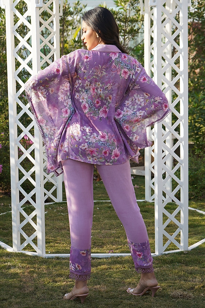 Lilac Linen Floral Printed Kaftan Set For Girls by Mei & Zu at Pernia's Pop Up Shop