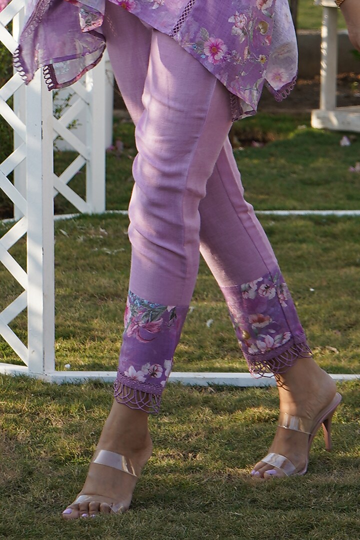 Lilac Linen Floral Printed Kaftan Set For Girls by Mei & Zu at Pernia's Pop Up Shop