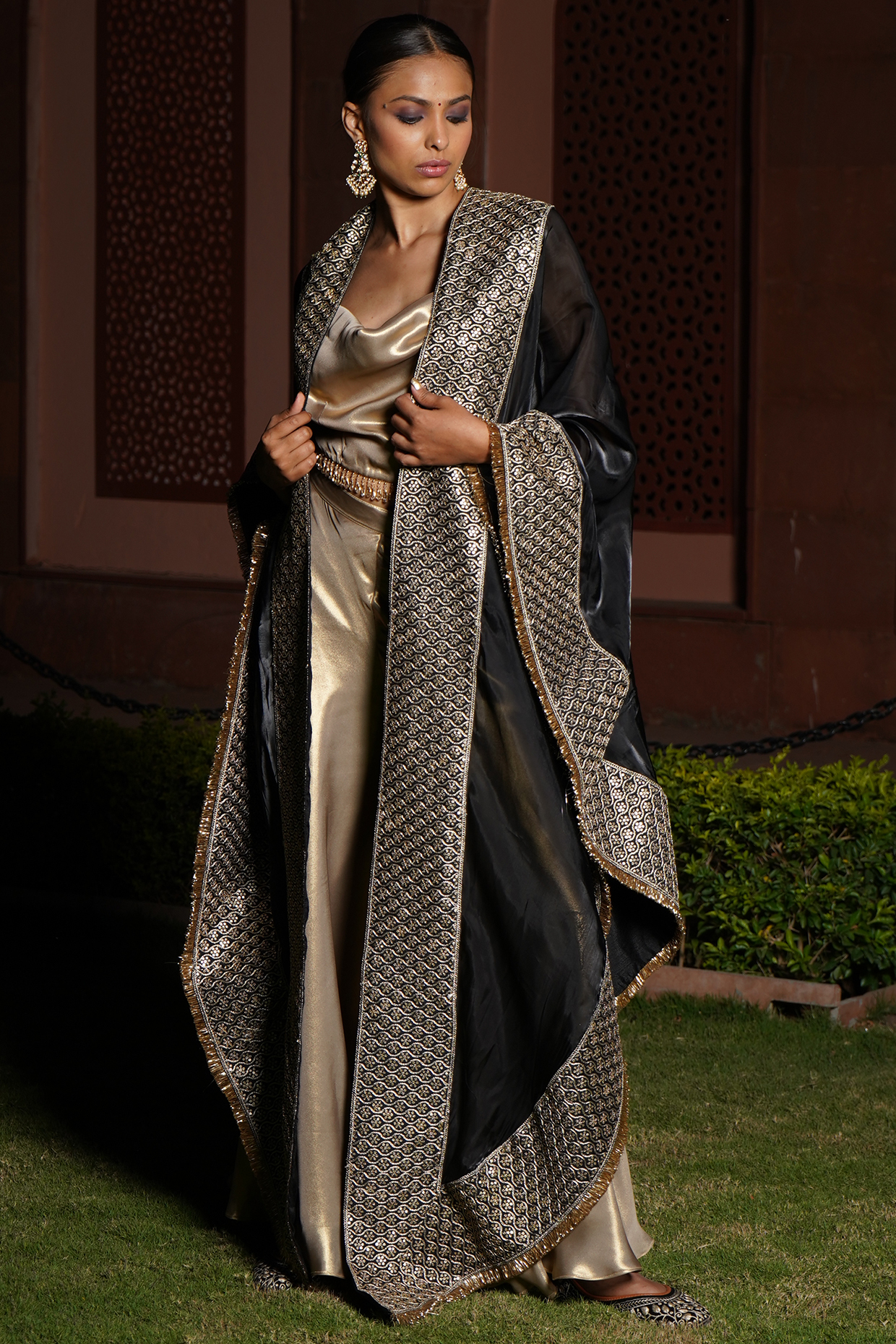 Gold Viscose Satin Sharara Set For Girls by Mei & Zu at Pernia's Pop Up Shop