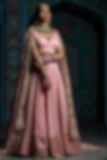 Salmon Pink Silk Brocade Gota Embroidered Lehenga Set For Girls by Mei & Zu at Pernia's Pop Up Shop