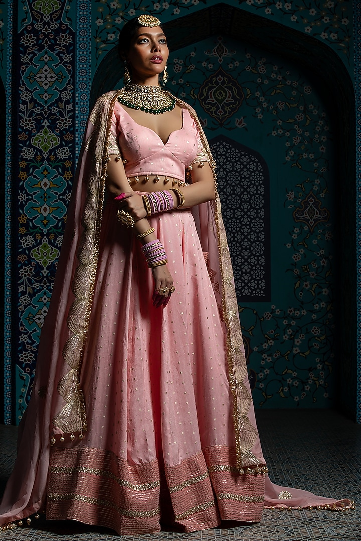Salmon Pink Silk Brocade Gota Embroidered Lehenga Set For Girls by Mei & Zu at Pernia's Pop Up Shop