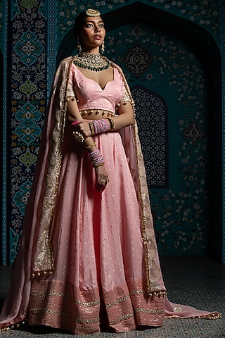 Salmon Pink Silk Brocade Gota Embroidered Lehenga Set For Girls by Mei & Zu