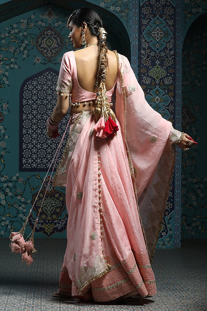 Salmon Pink Silk Brocade Gota Embroidered Lehenga Set For Girls by Mei & Zu at Pernia's Pop Up Shop
