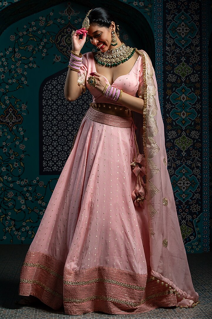Salmon Pink Silk Brocade Gota Embroidered Lehenga Set For Girls by Mei & Zu at Pernia's Pop Up Shop